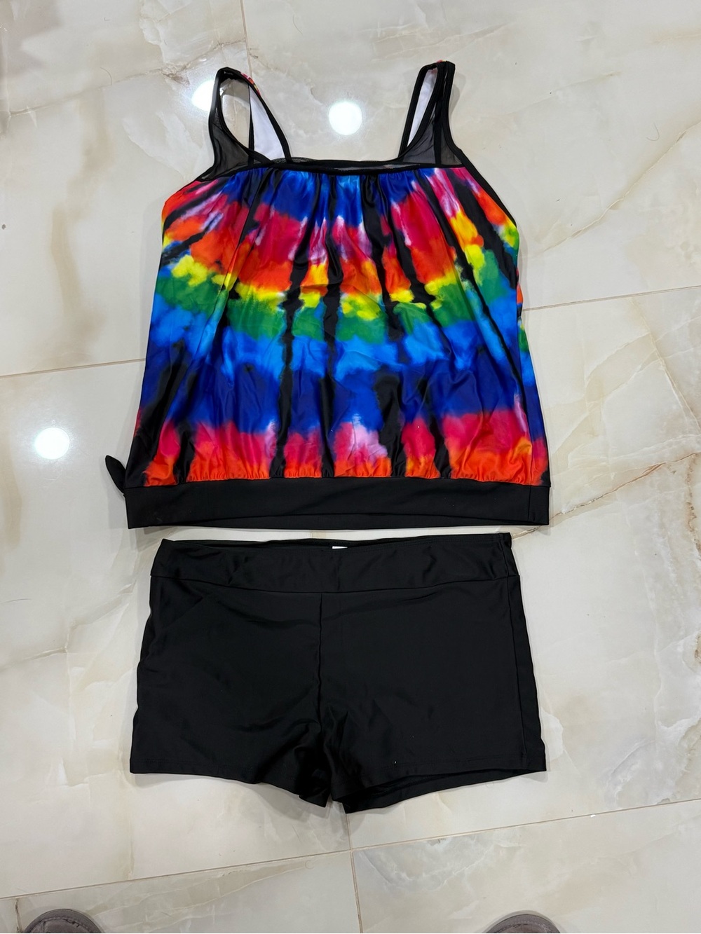 Rainbow Tie-Dye Tankini Top with Black Boyshorts